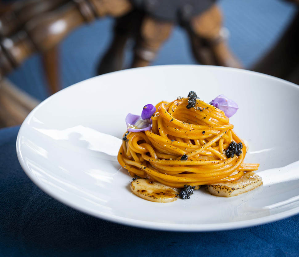 Tagliolini di crostacei con Ciuppin di mare e sgombro affumicatoOlimpo Sestri Levante